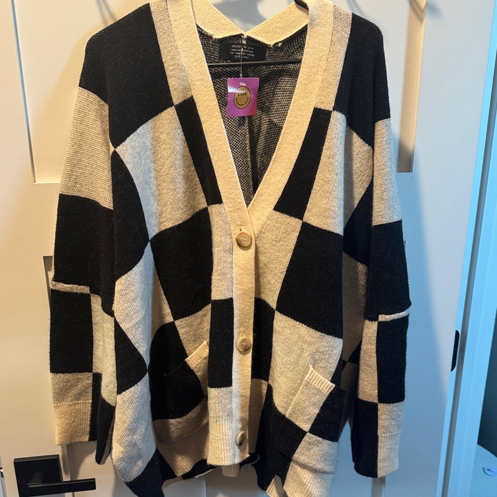 Dressed in LALA Black and Cream Checkered Cardigan